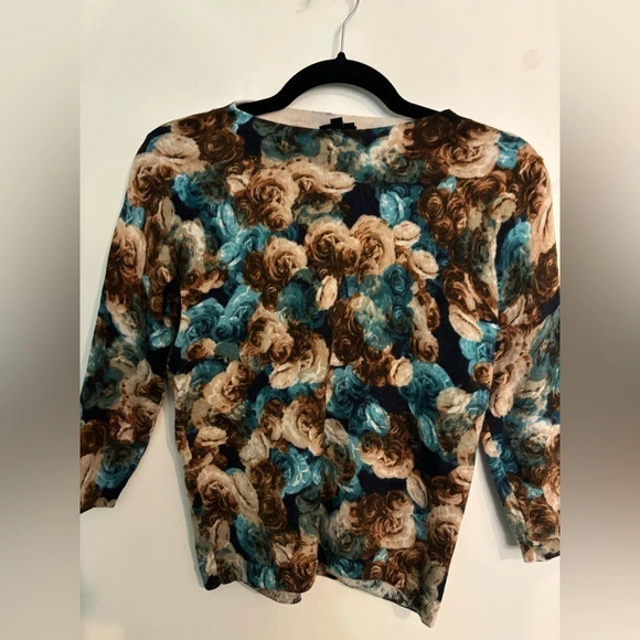 Talbots Womens Merino Wool Lightweight Rose Print Sweater Sm Petite Brown Blue - Picture 1 of 6